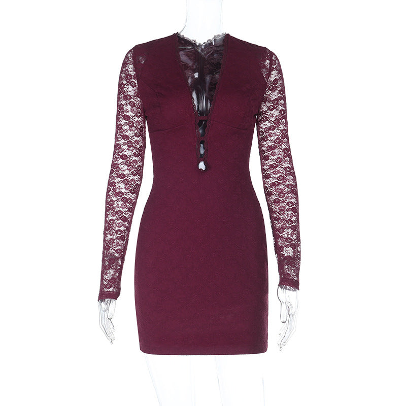Deep-V Lace Long-Sleeve Sexy Dress